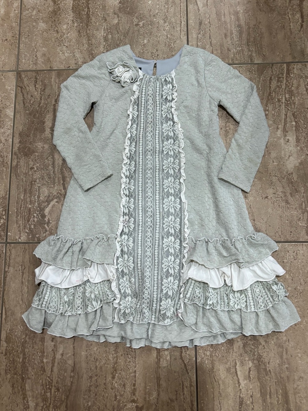 Gray & white lace coquette dress with ruffles and floral embroidery